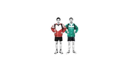 Cut out of two men in the same pose wearing short and colourful jumpers