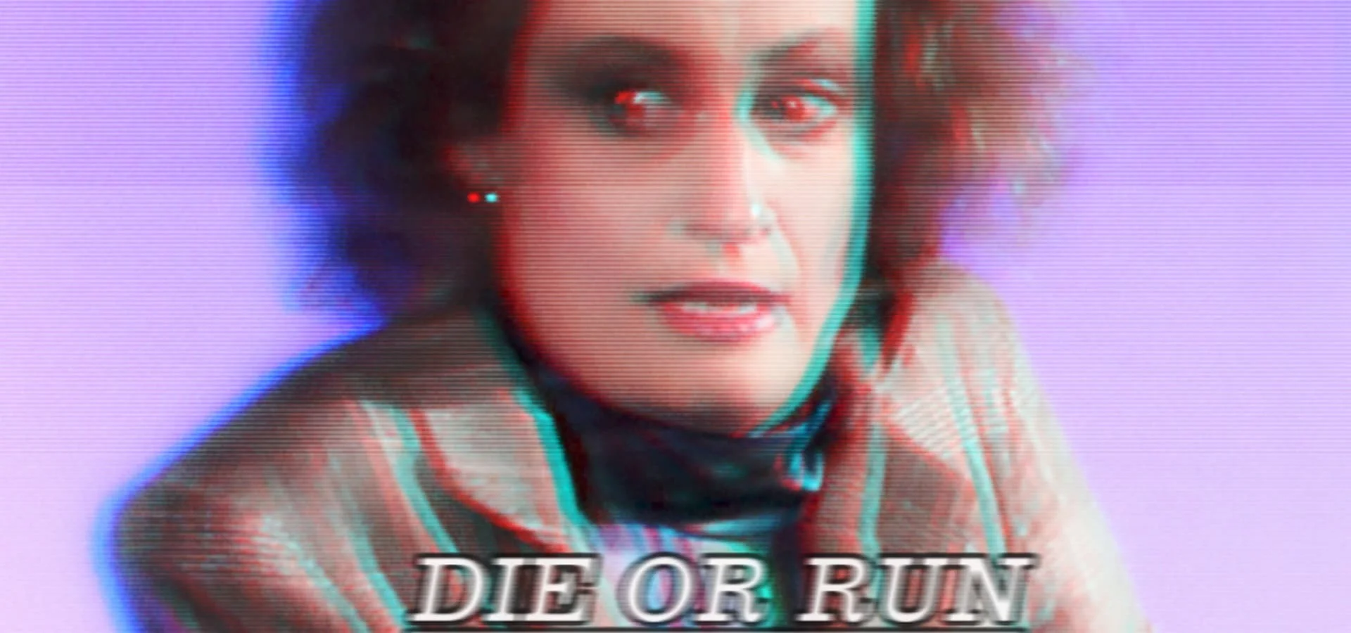 Close-up portrait of a person with an intense, alarmed expression, shot with a strong VHS/digital glitch aesthetic featuring chromatic aberration with red and cyan color separation, horizontal scan lines, and a gradient background transitioning from purple-pink to blue-cyan. The title "DIE OR RUN" appears in bold white retro text at the bottom with matching glitch effects